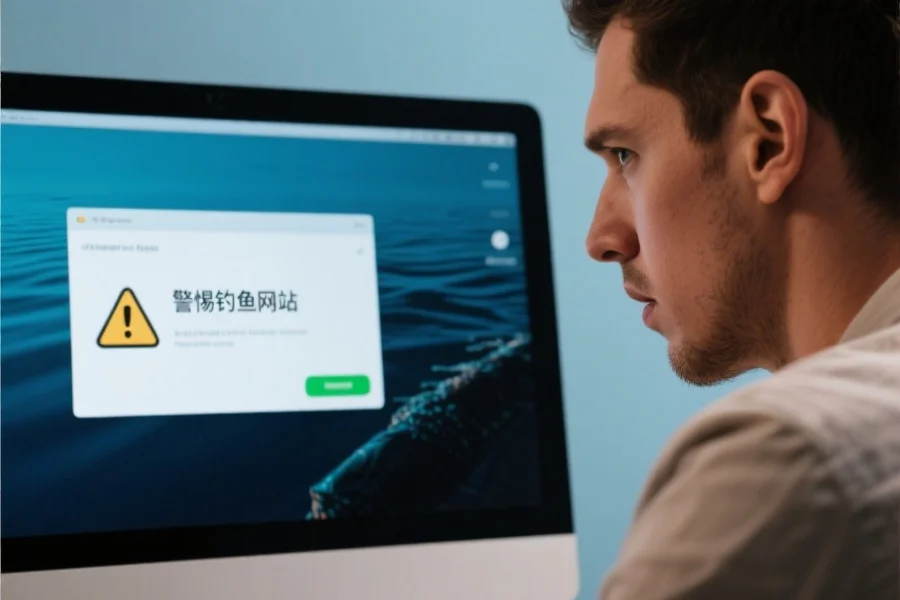 屏幕上弹出一个警告窗口,显示“警惕钓鱼网站”,旁边是一名用户警觉地看着电脑